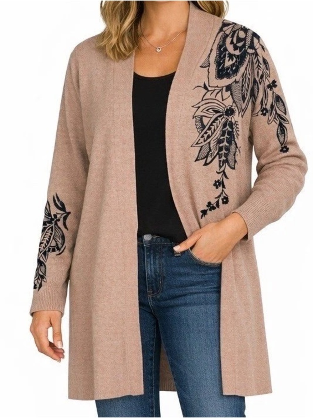 NWOT Chico's Cedar Tan Black Floral Embroidered Long Cardigan Sweater Medium 1